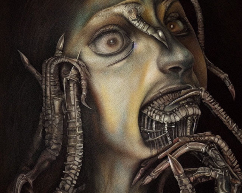 Surreal portrait of person with mechanical parts and wires creating cyborg look