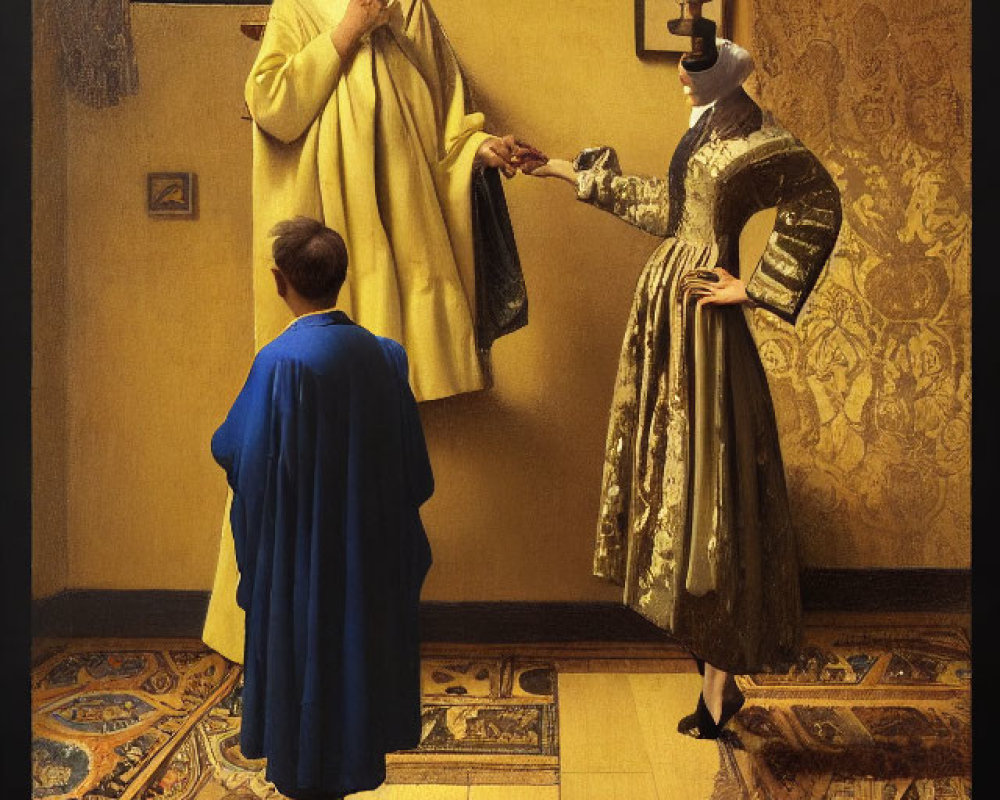 Boy in blue cloak observes figures in golden room with extended hands