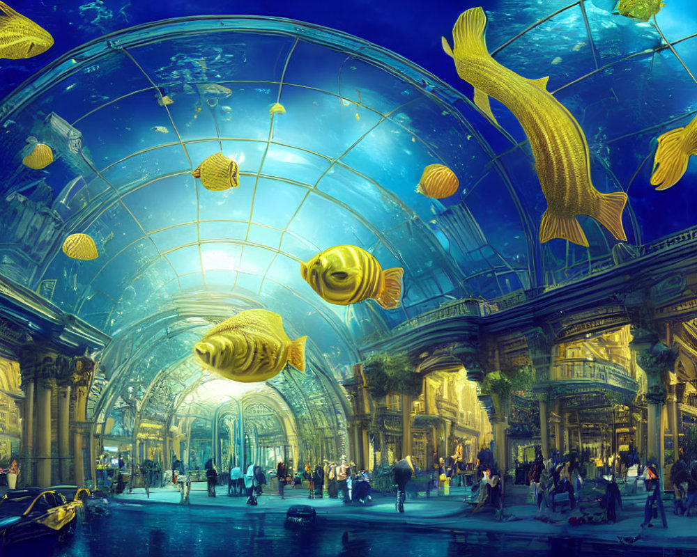 Intricate underwater-themed dome with golden fish sculptures amid classical architecture