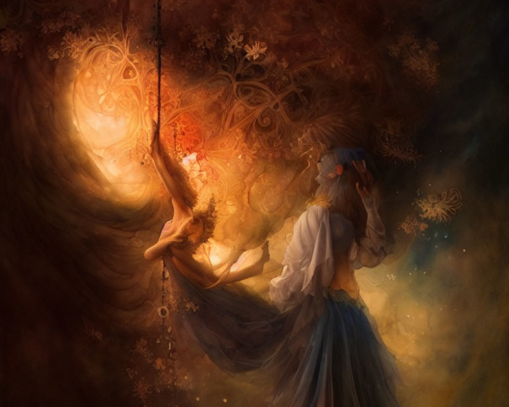 Woman in flowing dress reaching for luminous magical orb in golden swirls.