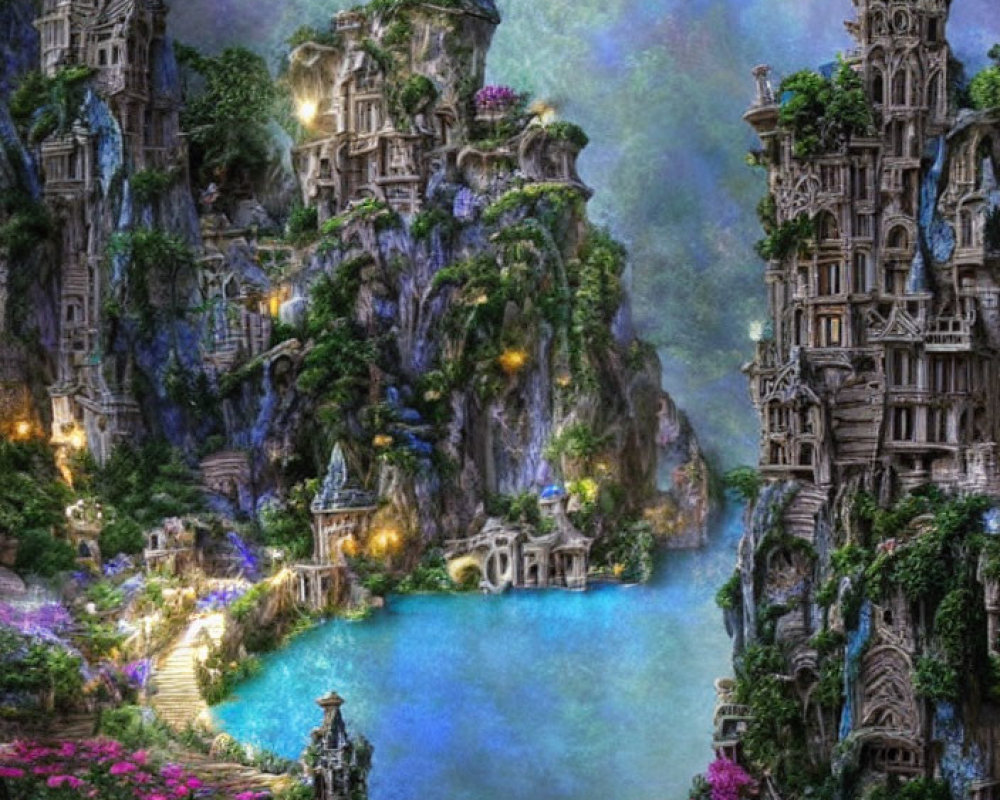 Fantasy landscape with towering castles, warm lights, greenery, and blue lagoon