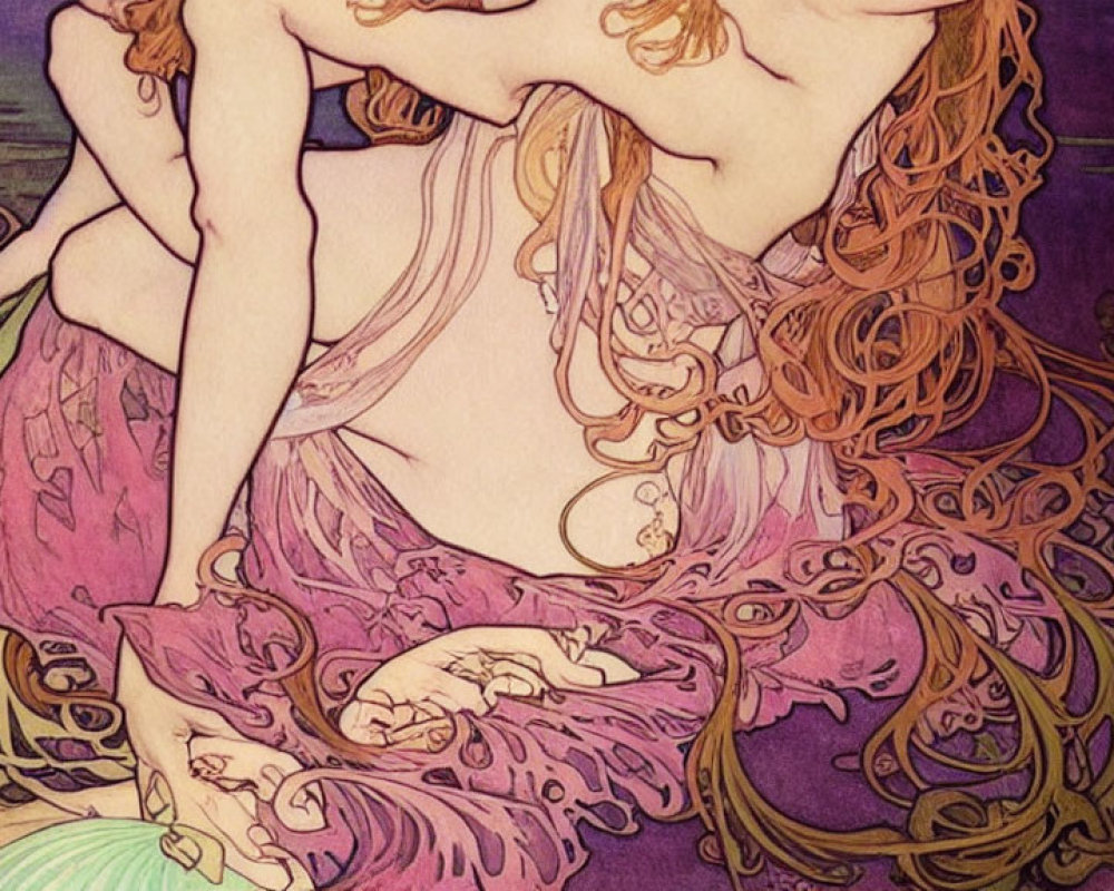 Ethereal woman in vibrant Art Nouveau style illustration