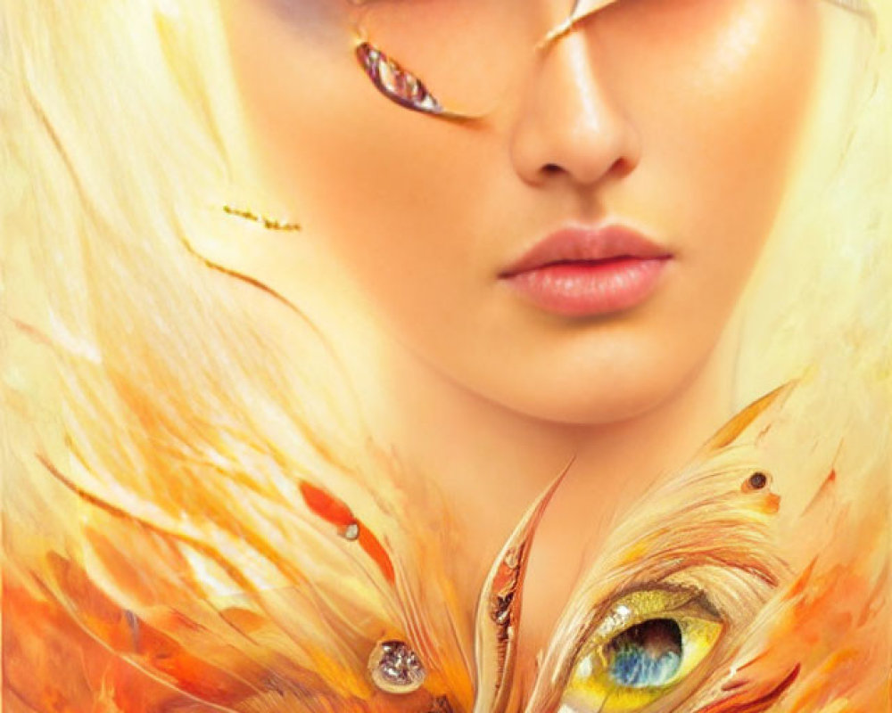 Artistic portrait of a woman with golden feathers, shimmering eye makeup, and jewel adornments blending