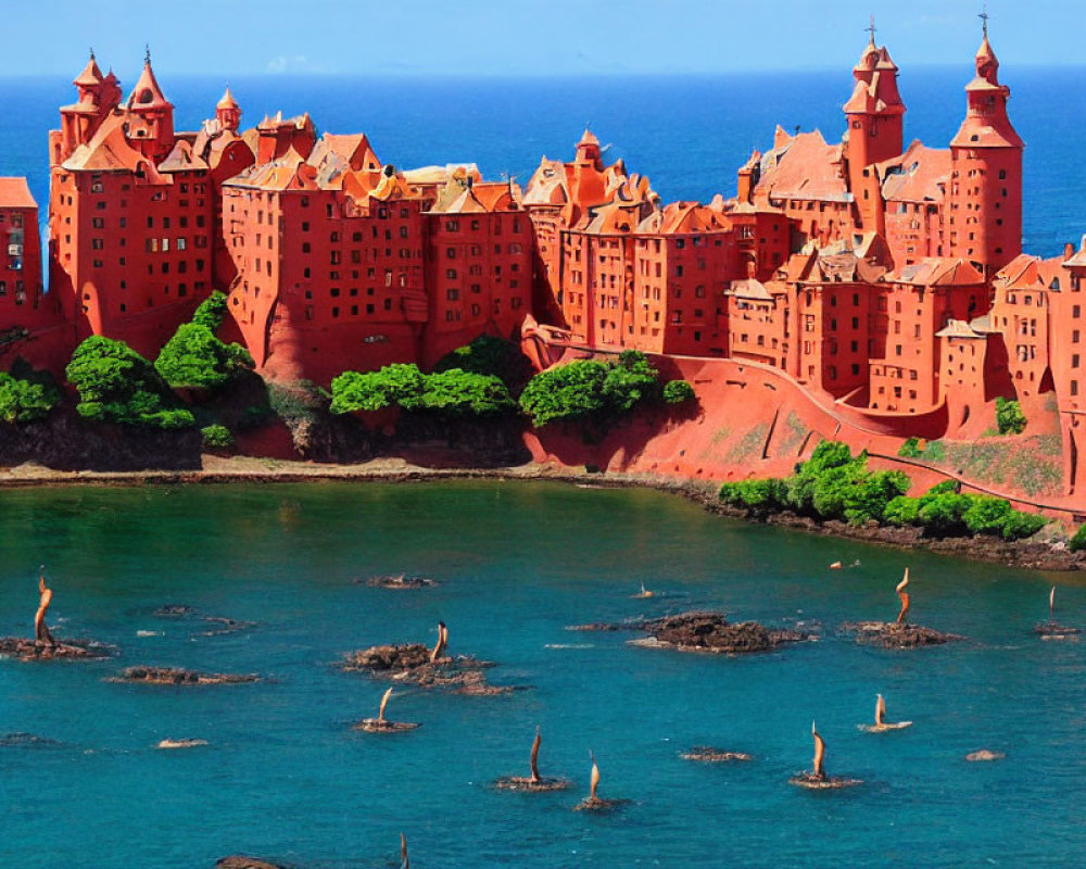 Red-roofed castle-like resort by a clear blue bay with floating pelicans