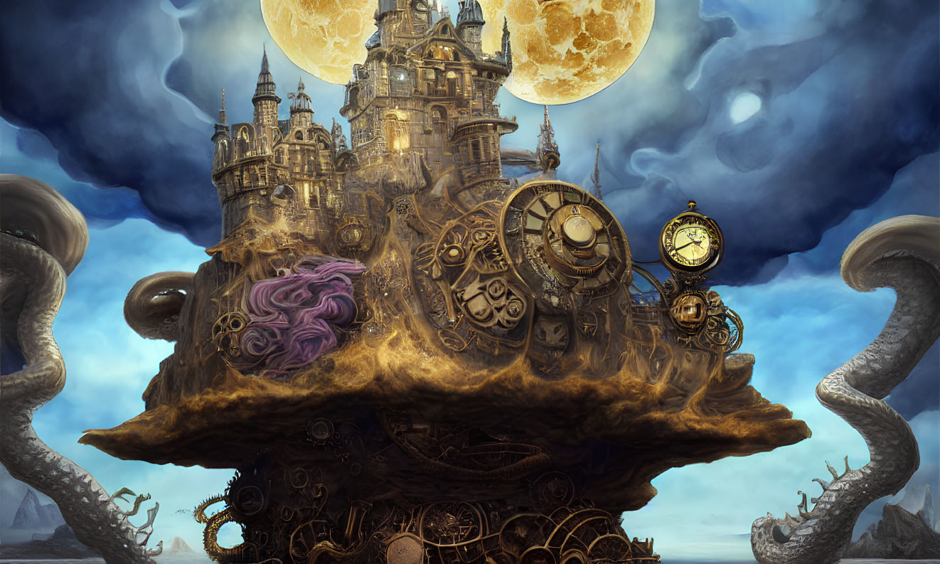 Fantastical floating island with steampunk castle under twin moons