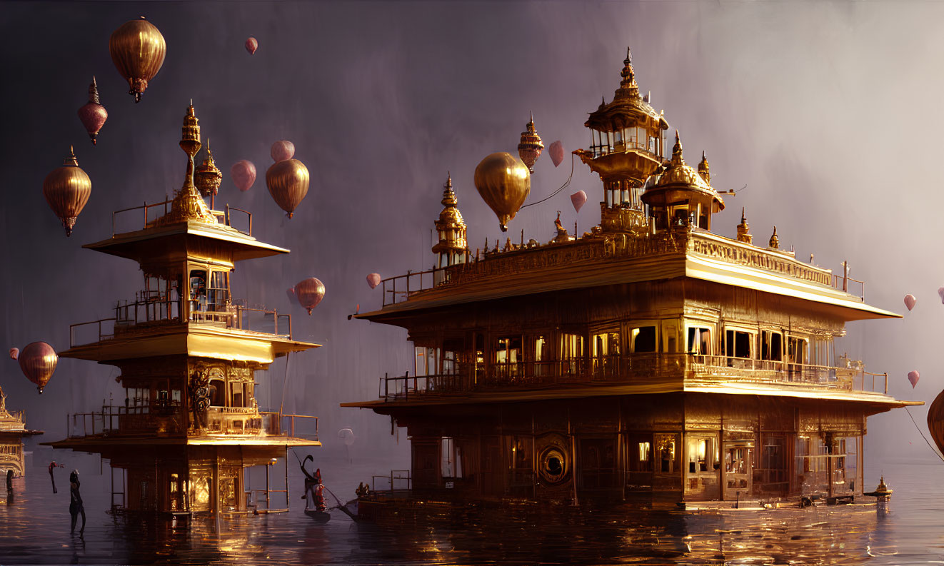 Fantasy artwork: ornate floating palaces and hot air balloons in dusky sky.