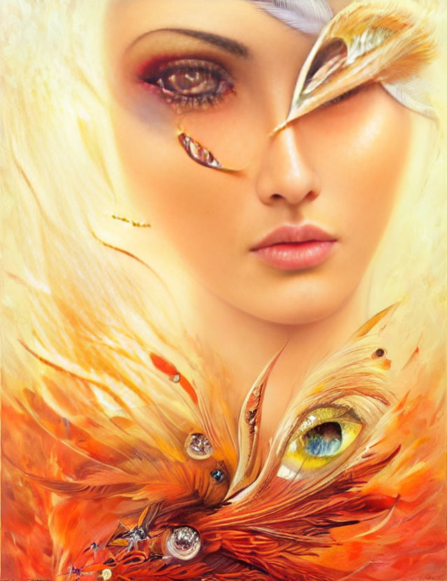 Artistic portrait of a woman with golden feathers, shimmering eye makeup, and jewel adornments blending