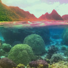Colorful Coral and Fish in Vibrant Underwater Scene with Green Island and Pink Flora