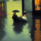 Artwork of two people in a gondola under an umbrella on reflective water