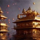 Fantasy artwork: ornate floating palaces and hot air balloons in dusky sky.