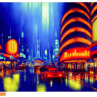 Vibrant futuristic city at night with neon lights and towering buildings