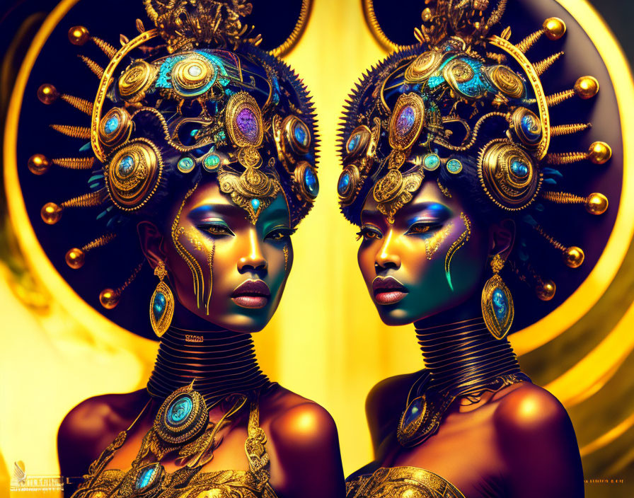 Stylized regal women with golden headpieces and metallic skin.