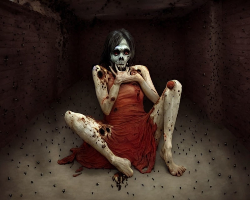 Person with skeleton face makeup in red dress surrounded by darkness and black objects.