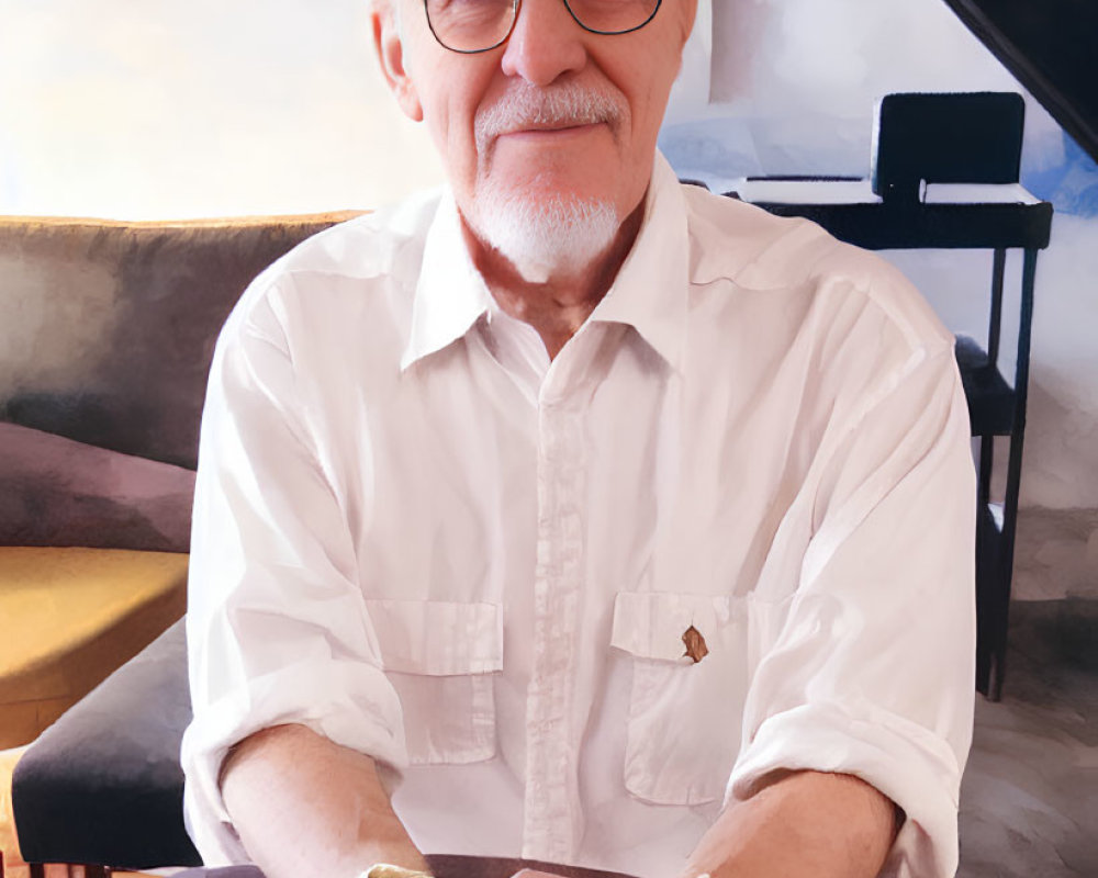 Elderly man with white beard and glasses sitting at table