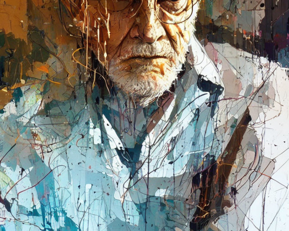 Colorful Abstract Portrait of Elderly Man with Intense Gaze and Vibrant Brush Strokes