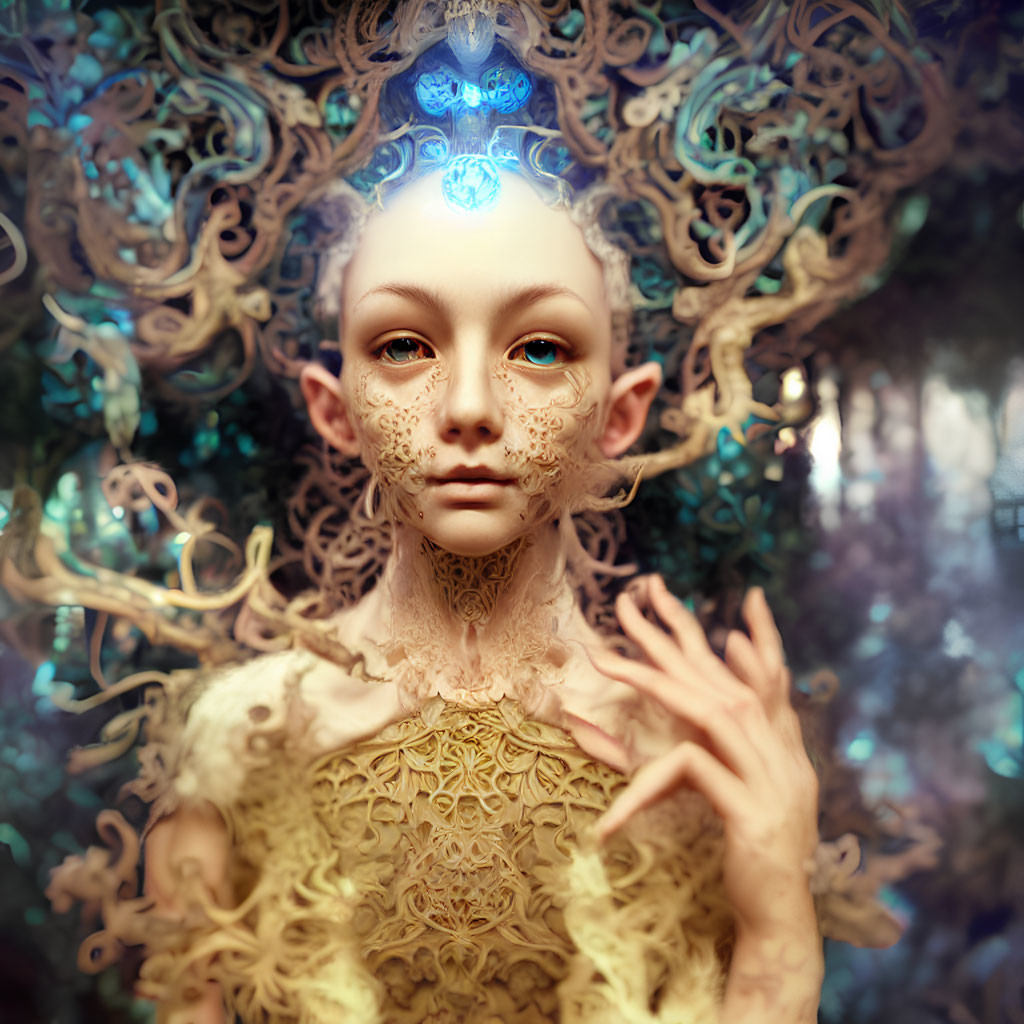 Intricate golden antlers and glowing blue gem on fantastical being in forest portrait
