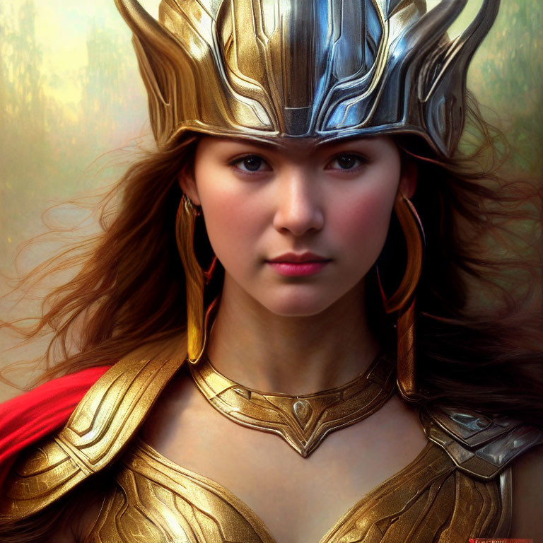 Portrait of Woman in Golden Armor with Red Cape and Helmet