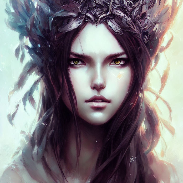 Digital painting of mystical woman with feathered headdress & captivating eyes