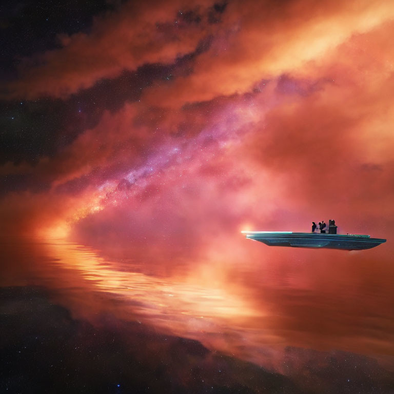Group of people on boat under vibrant cosmic sky and serene water