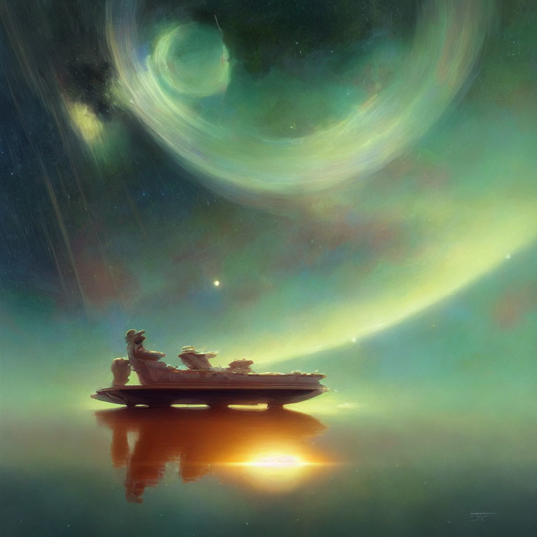Person with Dog on Boat Gazing at Cosmic Stars and Nebulae