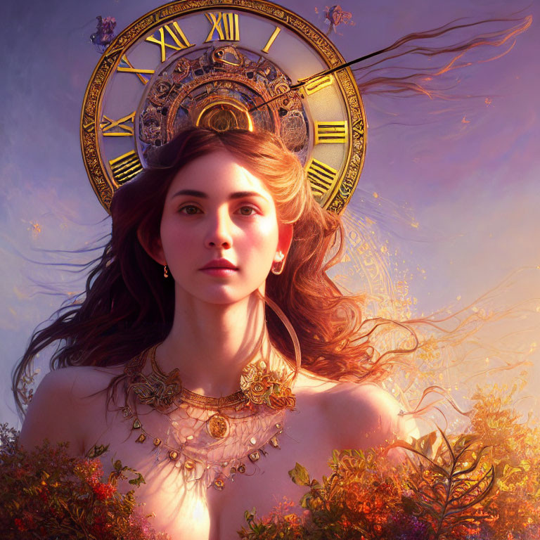 Woman with flowing hair in front of large clock in warm light amidst floral landscape