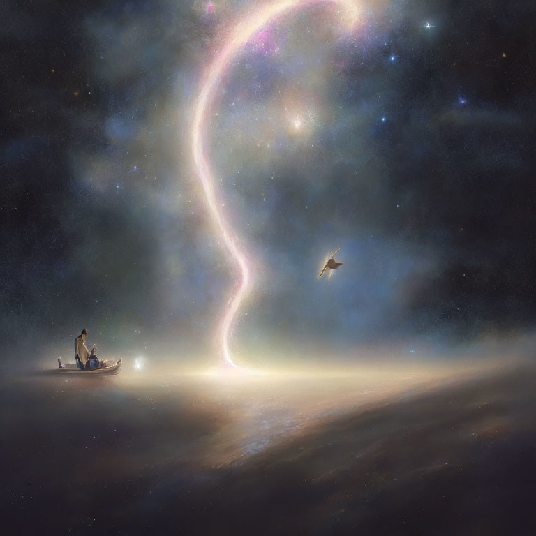 Person in Boat Contemplating Cosmic Swirl and Nebulas