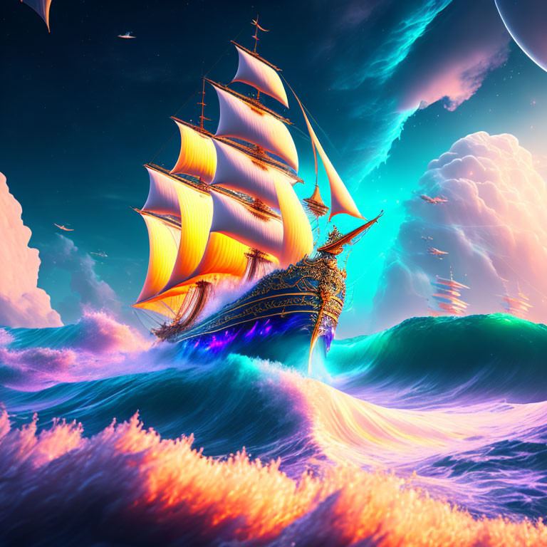 Golden-sailed sailing ship in vibrant, surreal seas under cosmic sky
