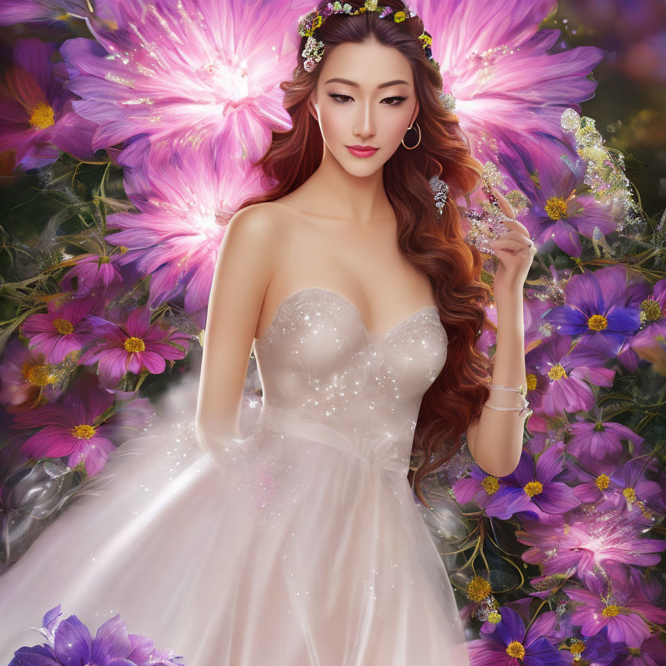 Woman in white gown among pink and purple flowers with floral adornments