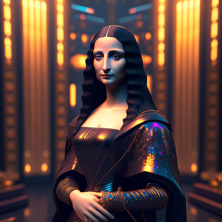 Futuristic 3D Mona Lisa with neon lights and cosmic dress