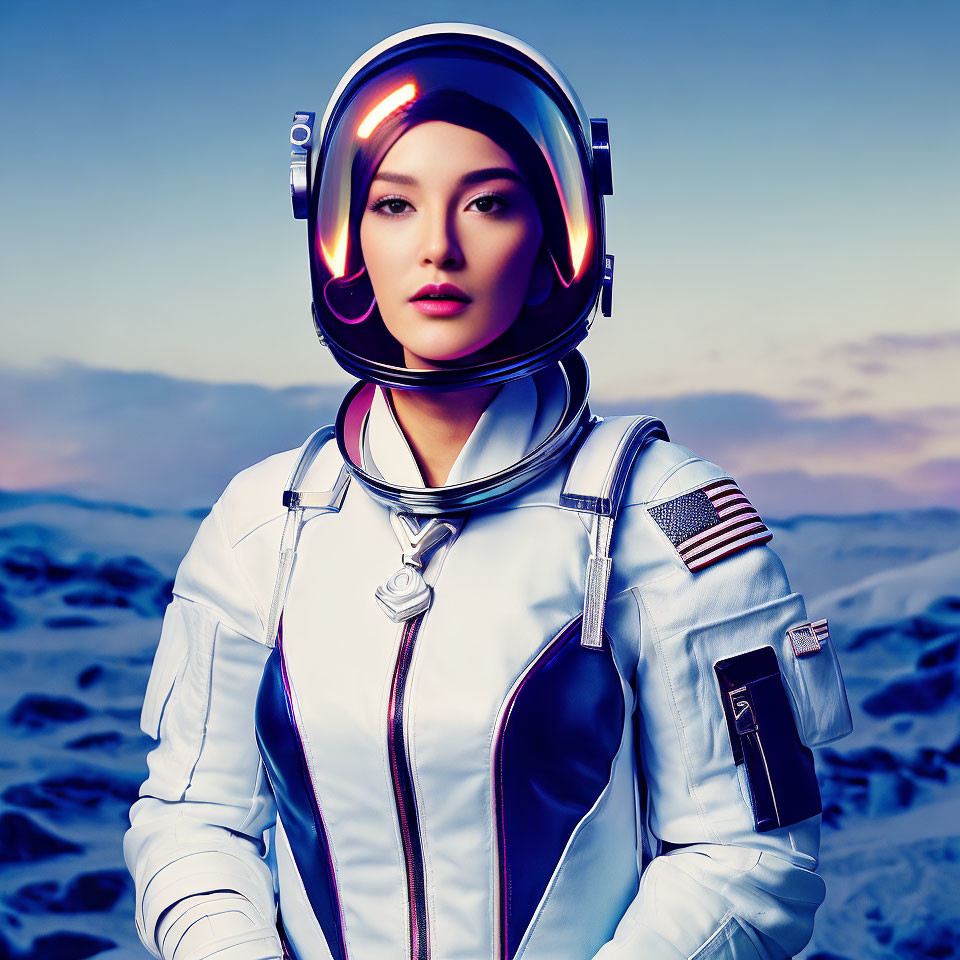 Futuristic astronaut suit against twilight sky and sandy terrain