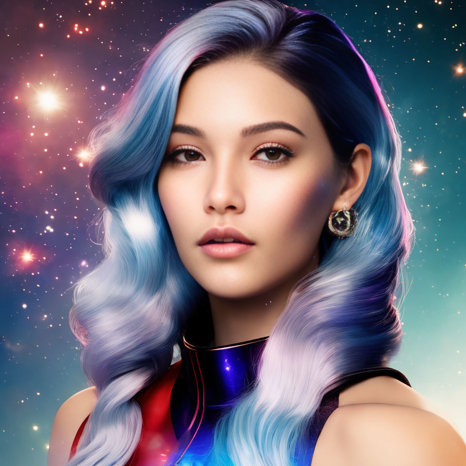 Blue Ombre Hair Woman in Futuristic Outfit on Cosmic Background