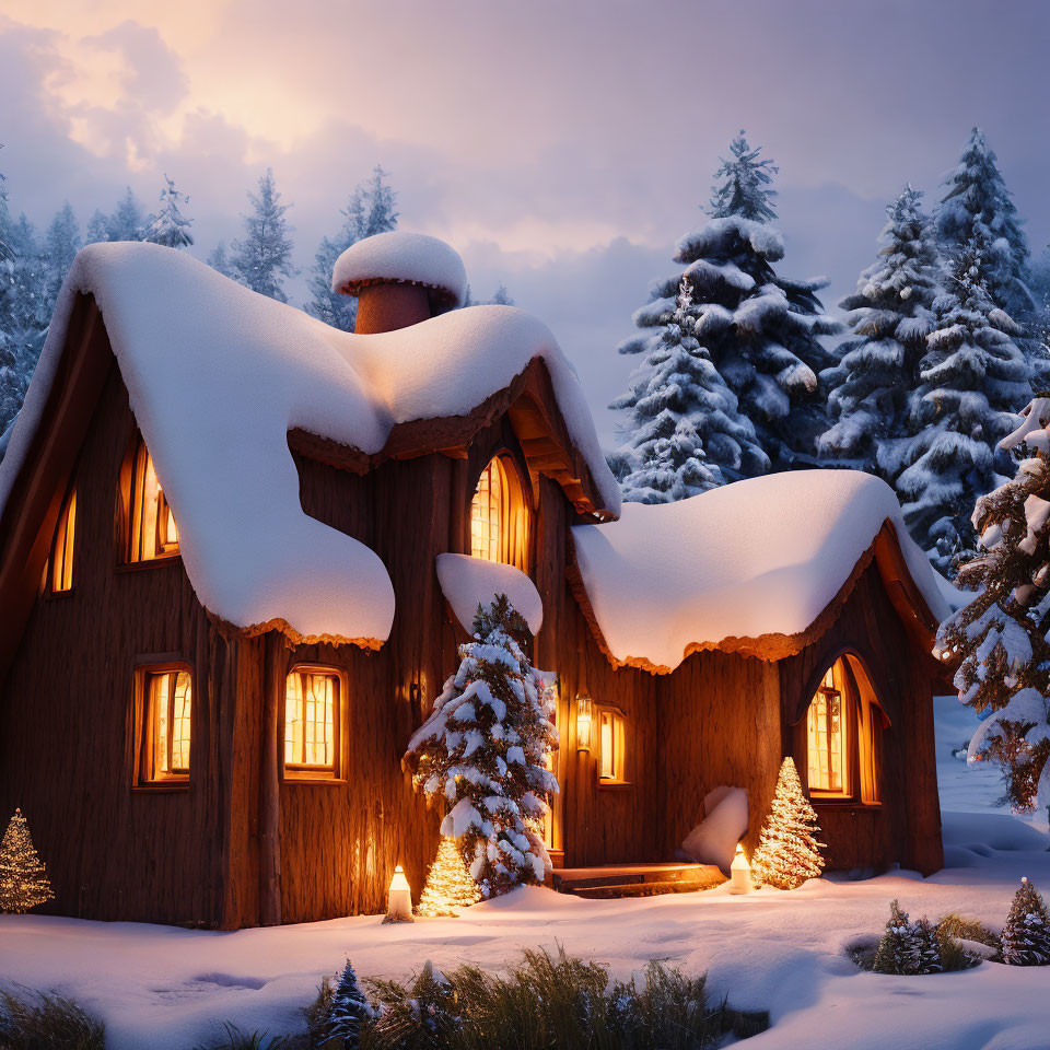 Snow-covered cottage with warm glowing lights in wintry forest at dusk