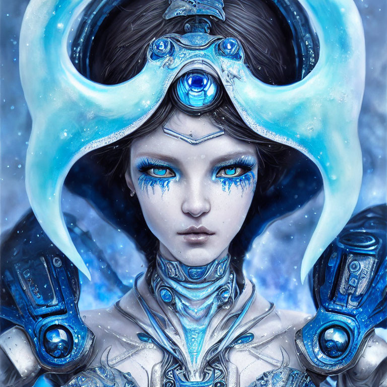 Fantasy character with blue eyes, white and blue armor, futuristic helmet.