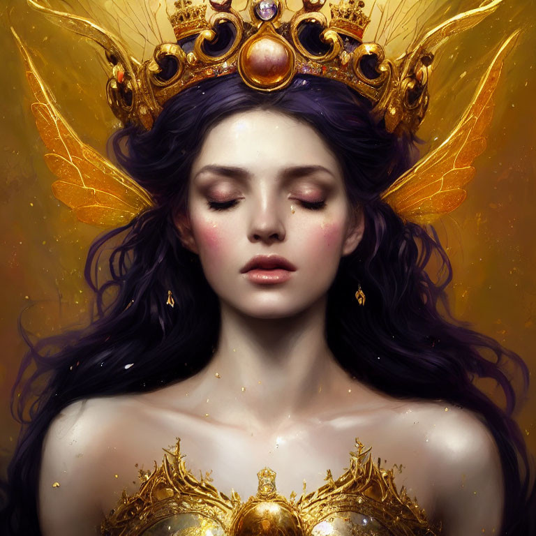 Fantasy queen portrait with purple hair, golden crown, and fairy wings
