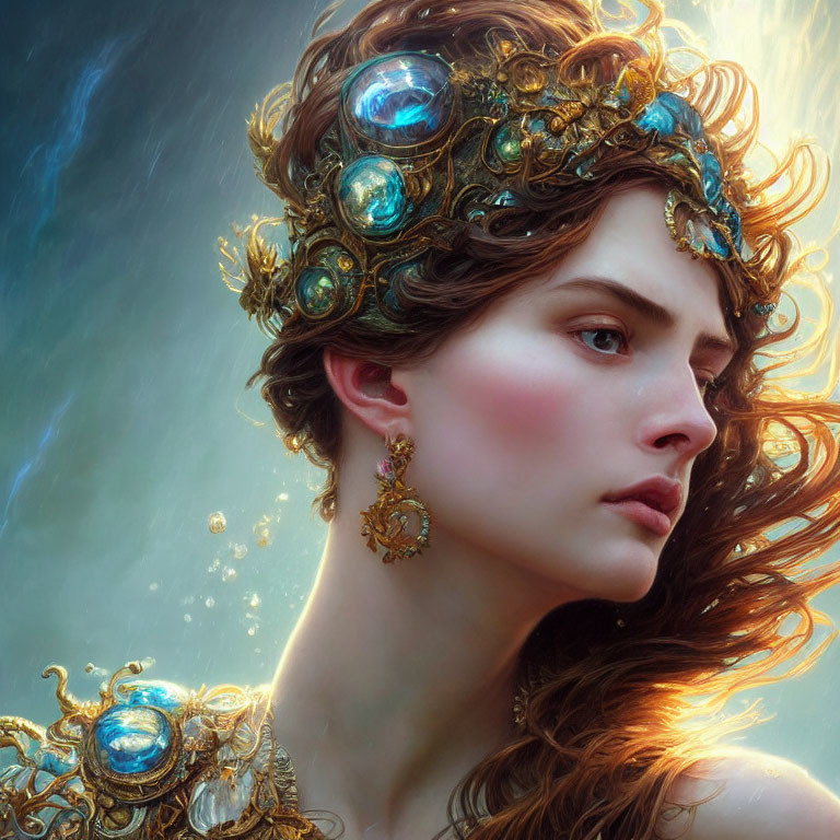 Portrait of Woman with Wavy Hair and Ornate Golden Circlet