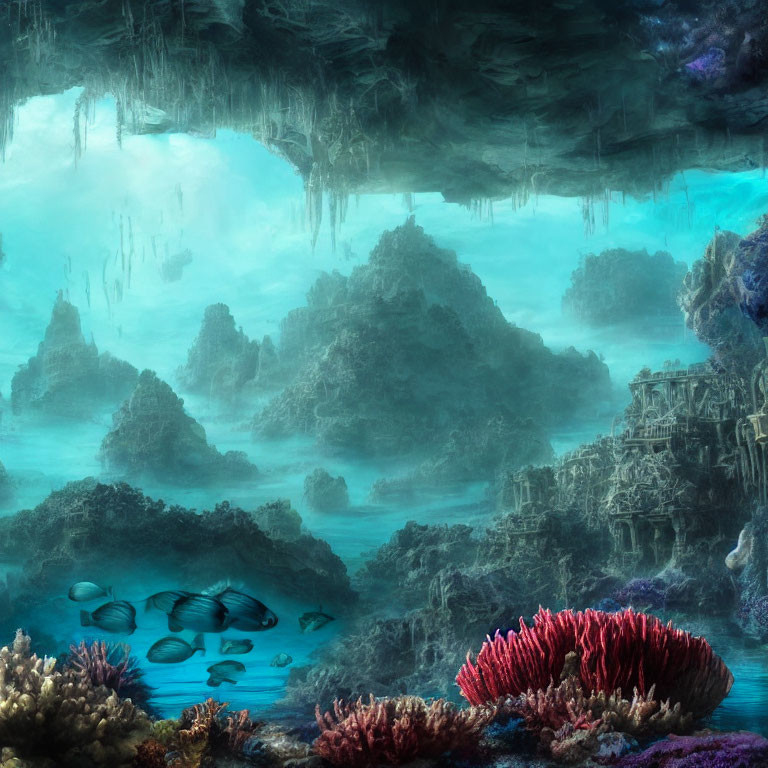 Vibrant underwater scene with coral reefs, fish schools, and sunken ruins among rocky formations