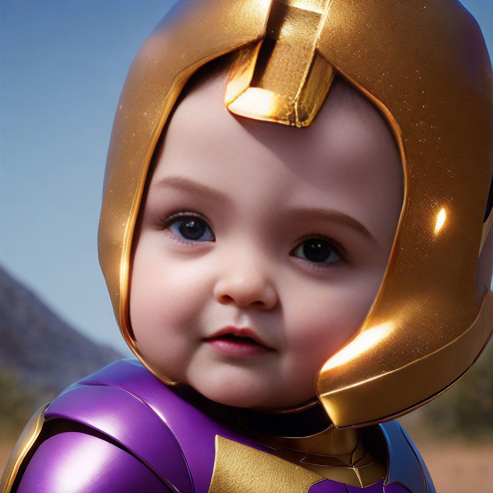 Baby wearing shiny gold and purple superhero helmet with big eyes against blurred landscape