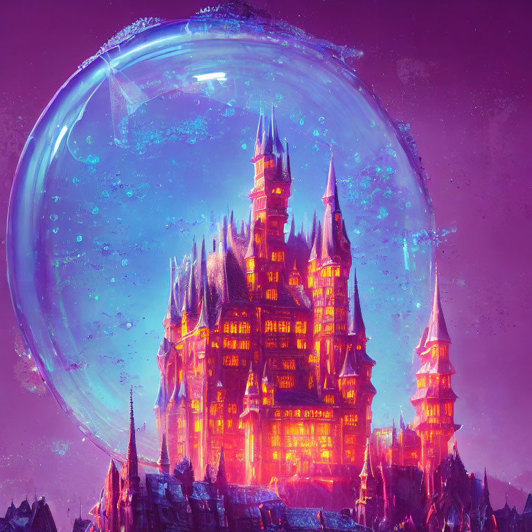 Luminous Castle with Spires in Protective Bubble at Twilight