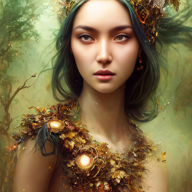 Ethereal portrait of a woman with green hair and autumnal foliage accents