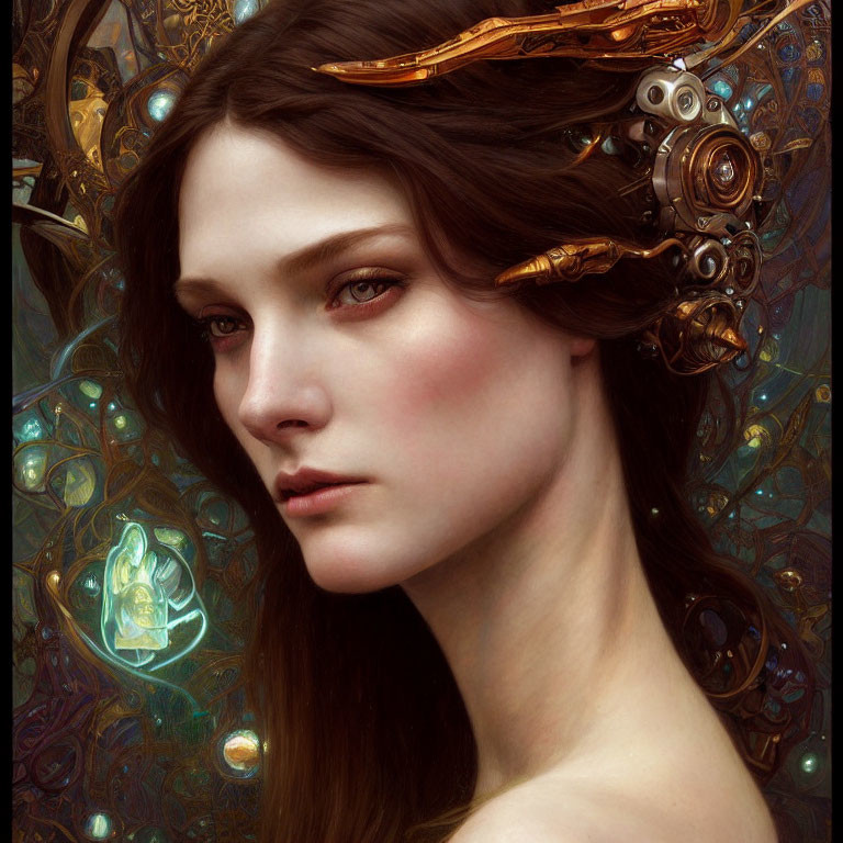 Fantasy portrait of woman with mechanical earpiece and glowing figure