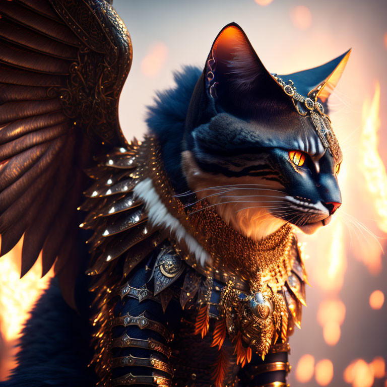 Fantasy portrait of winged cat in armor and crown on fiery backdrop