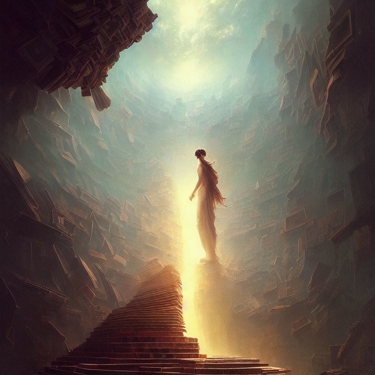 Person on Brick Staircase Surrounded by Towering Books and Dramatic Sky