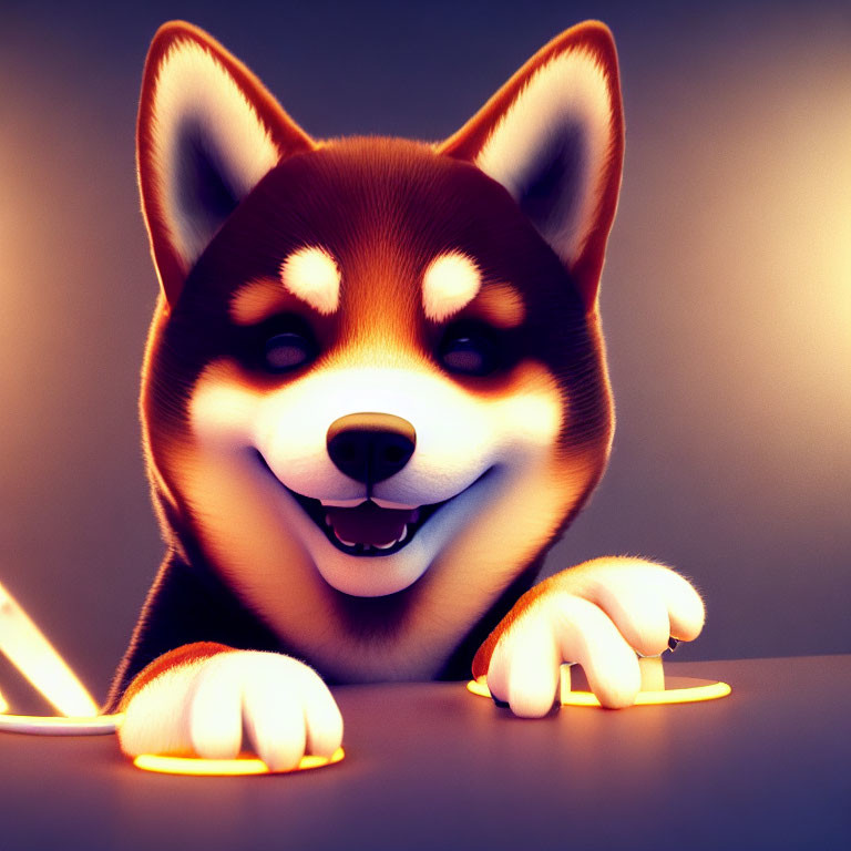 Stylized 3D illustration of smiling Shiba Inu with glowing outline