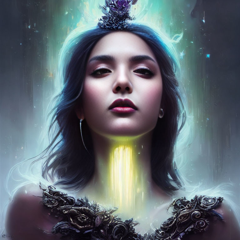 Digital artwork: Woman with glowing crown and bright forehead light.