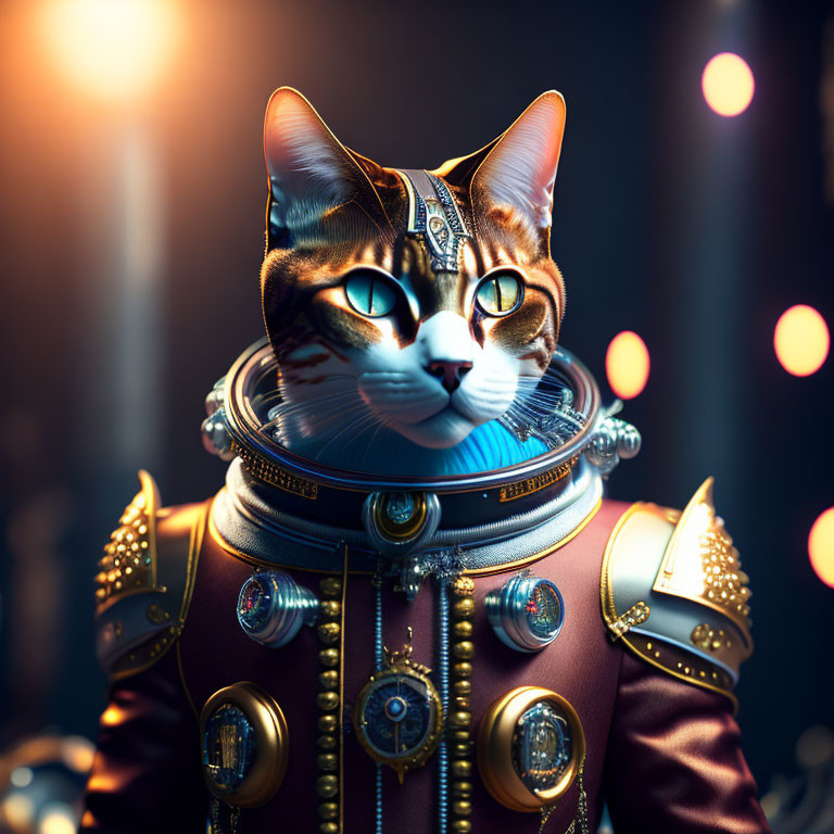Steampunk-style astronaut cat with glowing elements and detailed helmet