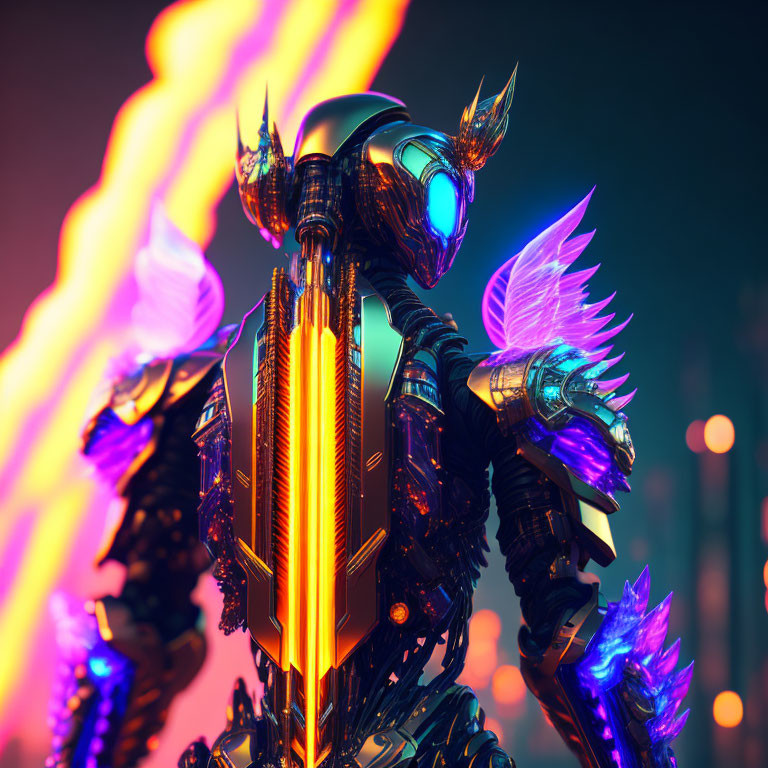 Glowing blue and orange futuristic knight with wing-like elements