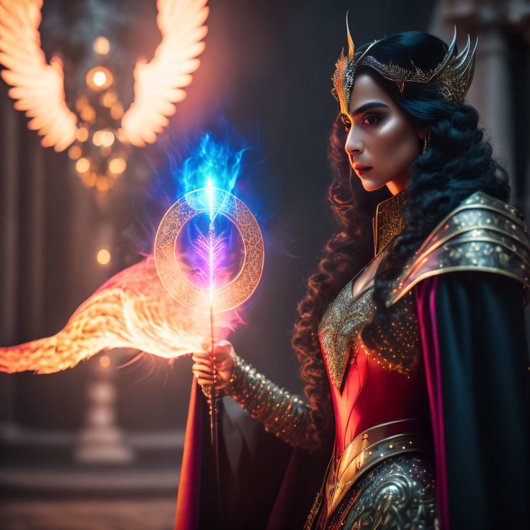 Fantasy artwork of regal woman in elaborate armor with glowing staff
