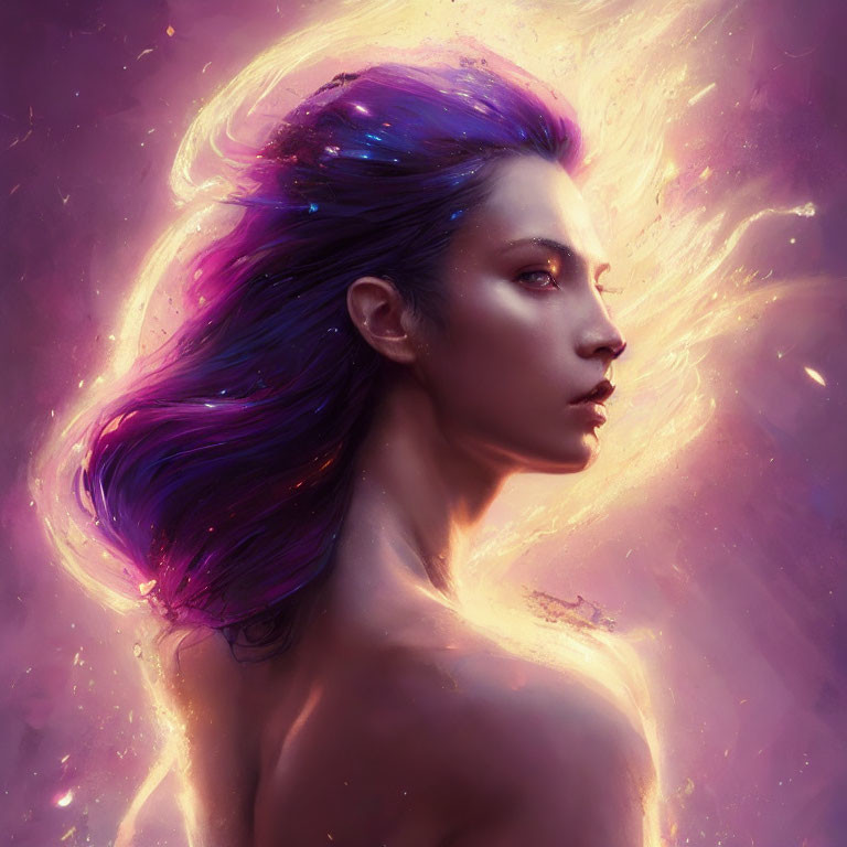 Person with Purple and Blue Hair in Cosmic Nebula Background