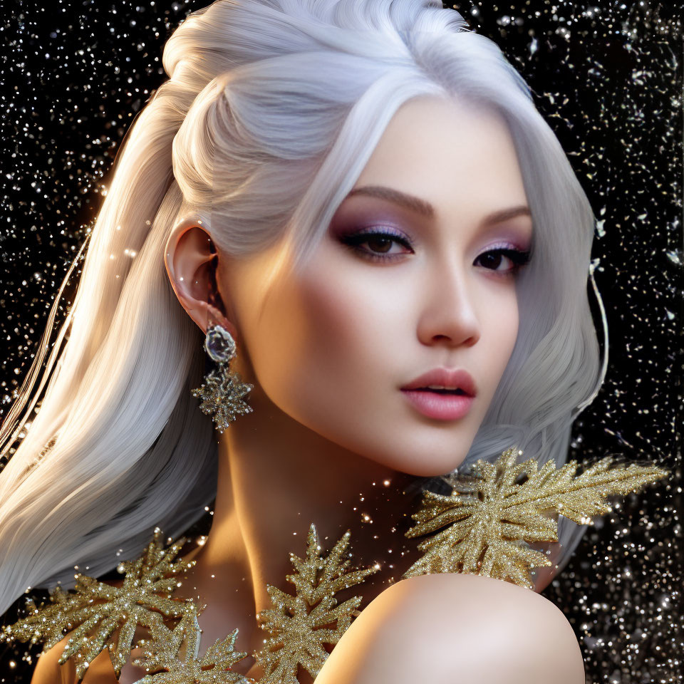 Silver-haired woman with star earrings and golden snowflake accessories on black glitter background