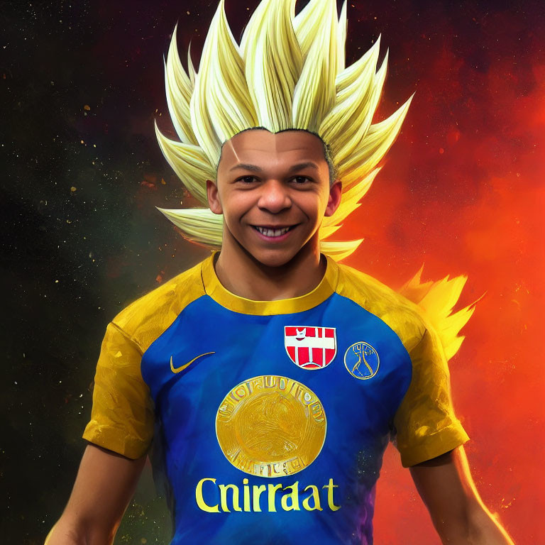 Smiling person with spiky blonde anime-style hair in blue and gold sports jersey